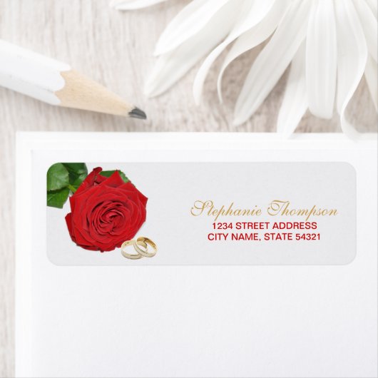Elegante rode roos bruiloft adres label (Insitu)
