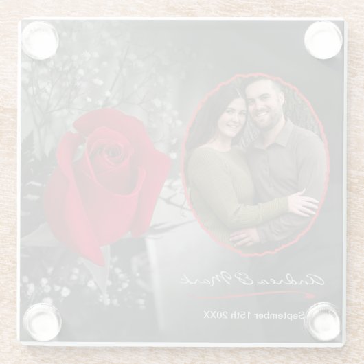 Elegante rode roos bruiloft portret vignet glazen onderzetter (Achterkant)