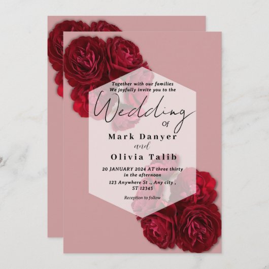 Elegante rode roos bruiloft uitnodiging – Romantis (Voorkant / Achterkant)