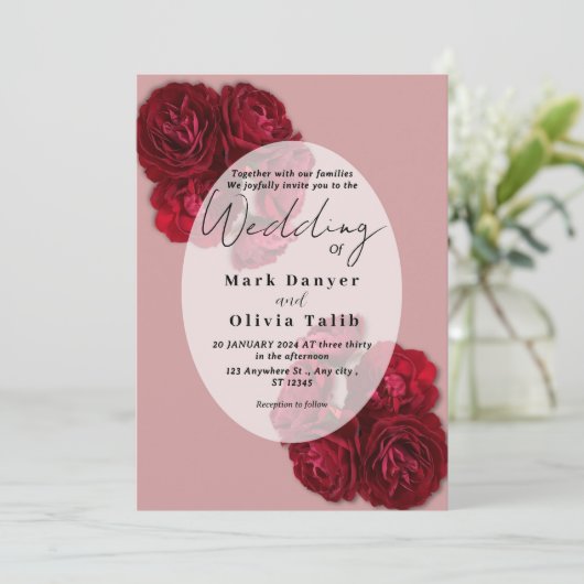 Elegante rode roos bruiloft uitnodiging – Romantis (Staand voorkant)