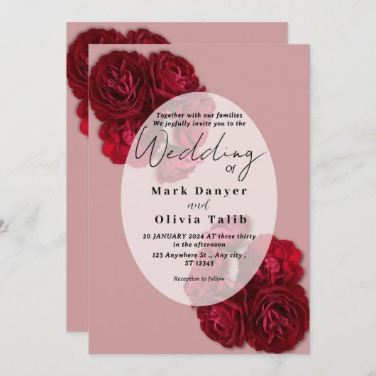 Elegante rode roos bruiloft uitnodiging – Romantis (Voorkant / Achterkant)