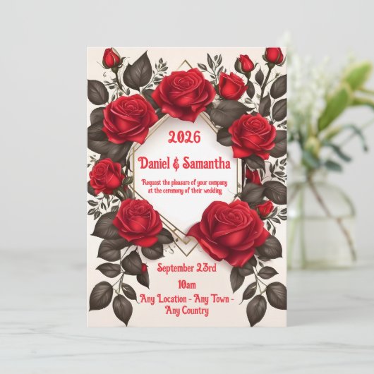 Elegante rode roos bruiloft uitnodiging Sjabloon (Staand voorkant)