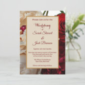 Elegante rode roos & crème pioenroos bruiloft uitn kaart (Staand voorkant)