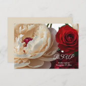 Elegante rode roos & crème pioenroos RSVP kaartje (Voorkant / Achterkant)