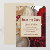 Elegante rode roos & crème pioenroos save the date (Voorkant / Achterkant)