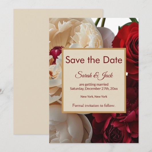 Elegante rode roos & crème pioenroos save the date (Voorkant / Achterkant)