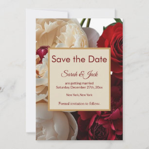 Elegante rode roos & crème pioenroos save the date