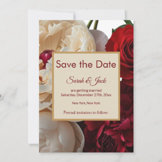Elegante rode roos & crème pioenroos save the date