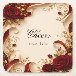 Elegante rode roos en gouden blad gepersonaliseerd kartonnen onderzetters