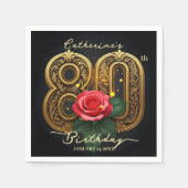 Elegante rode roos en gouden filigraan 80e verjaar servet (Voorkant)