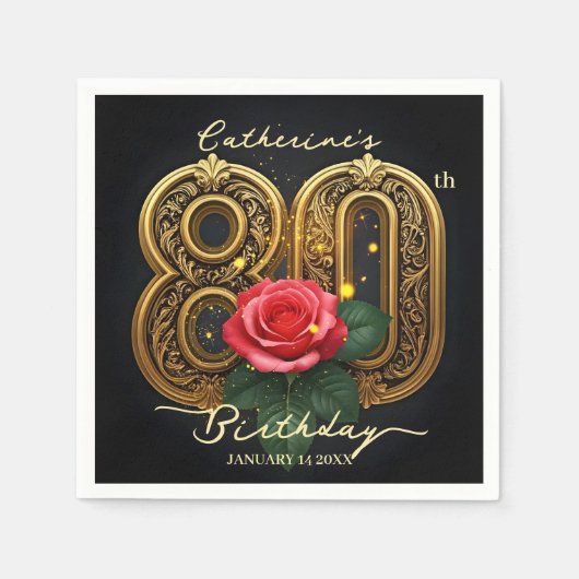 Elegante rode roos en gouden filigraan 80e verjaar servet (Voorkant)