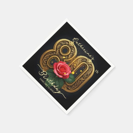 Elegante rode roos en gouden filigraan 80e verjaar servet (Hoek)