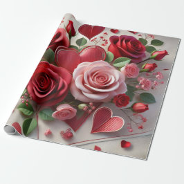 Elegante Rode Roos en Hartjes Valentijnsdag Cadeaupapier