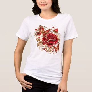 Elegante Rode Roos en Vlinder Bloem T-Shirt