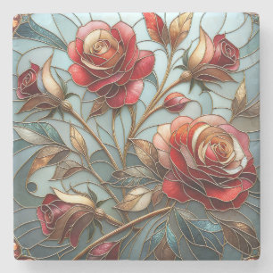 Elegante Rode Roos Glas-in-Lood Bloem Accent Goud Stenen Onderzetter