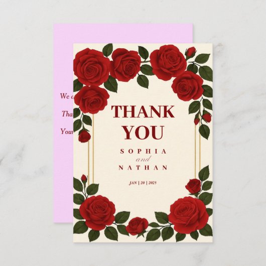 Elegante Rode Roos & Goud Lijst bruiloft Bedankt (Voorkant / Achterkant)