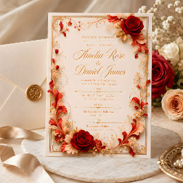 Elegante rode roos & gouden bloemen bruiloftsinvat kaart