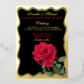 Elegante rode roos & gouden bruiloft folie uitnodiging (Voorkant)