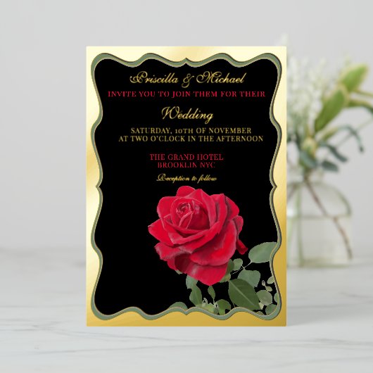 Elegante rode roos & gouden bruiloft folie uitnodiging (Staand Voorkant)