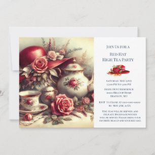 Elegante Rode Roos Hoed Thema Theepartij  Kaart