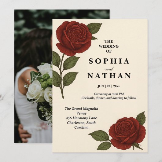 Elegante  rode roos huwelijksuitnodiging kaart (Voorkant / Achterkant)