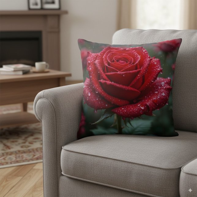 Elegante rode roos in de regen - Levendige bloem Kussen (Creator heeft geüpload)