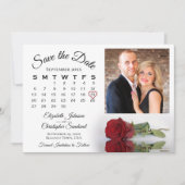 Elegante rode roos kalender & foto bruiloft save the date (Voorkant)