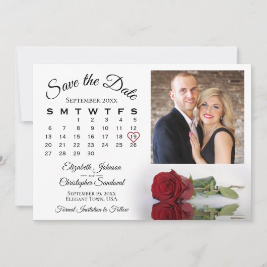 Elegante rode roos kalender & foto bruiloft save the date (Voorkant)