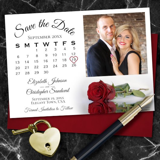 Elegante rode roos kalender & foto bruiloft save the date