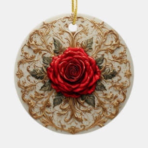 Elegante rode roos met sierlijk gouden bloemmotief keramisch ornament