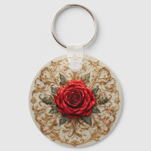 Elegante Rode Roos Met Sierlijk Gouden Bloemmotief Sleutelhanger