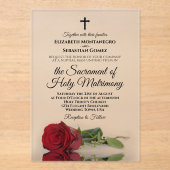 Elegante rode roos moderne katholieke bruiloft acryl uitnodigingen (Voorkant)