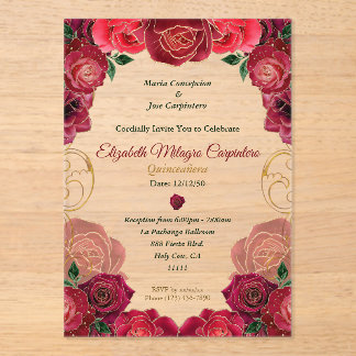 Elegante Rode Roos Quinceañera Moderne Bloemen 15 Acryl Uitnodigingen