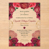 Elegante Rode Roos Quinceañera Moderne Bloemen 15  Acryl Uitnodigingen (Voorkant)