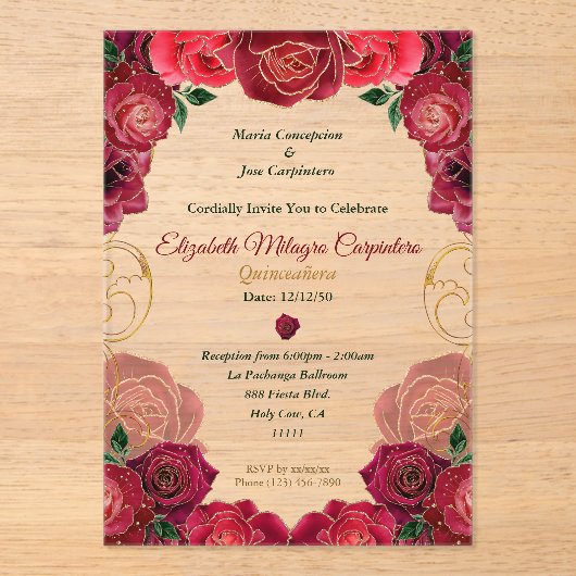 Elegante Rode Roos Quinceañera Moderne Bloemen 15 Acryl Uitnodigingen (Voorkant)