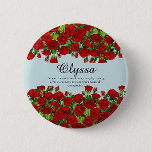 Elegante rode roos rand aangepaste naam tuin thema ronde button 5,7 cm