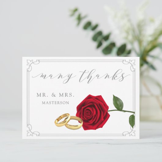 Elegante rode roos ringen bruiloft dank u bedankkaart (Staand voorkant)