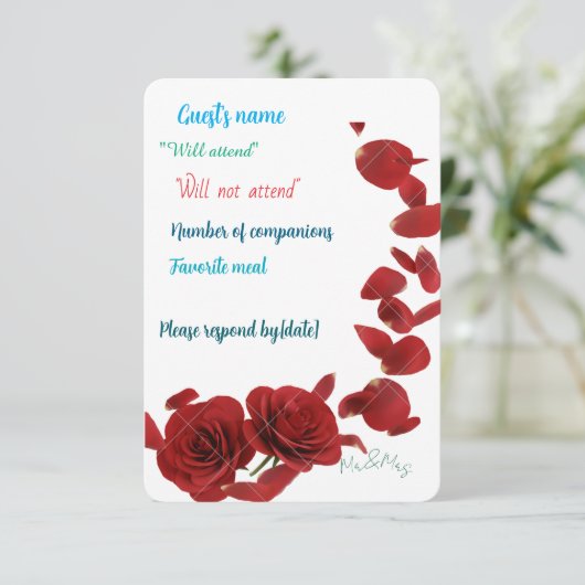 Elegante rode roos RSVP-kaart - Romantische bruilo RSVP Kaartje (Staand voorkant)