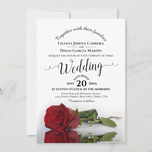 Elegante rode roos tweetalige Spaans Engels bruilo Kaart (Voorkant)