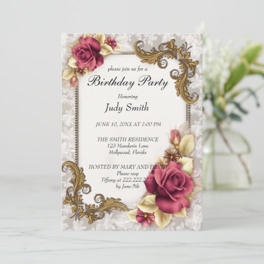 Elegante rode roos verjaardag uitnodiging (Staand voorkant)