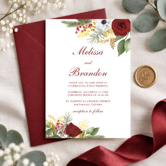 Elegante Rode Roos Wintergroen Scriptuur Bruiloft Kaart