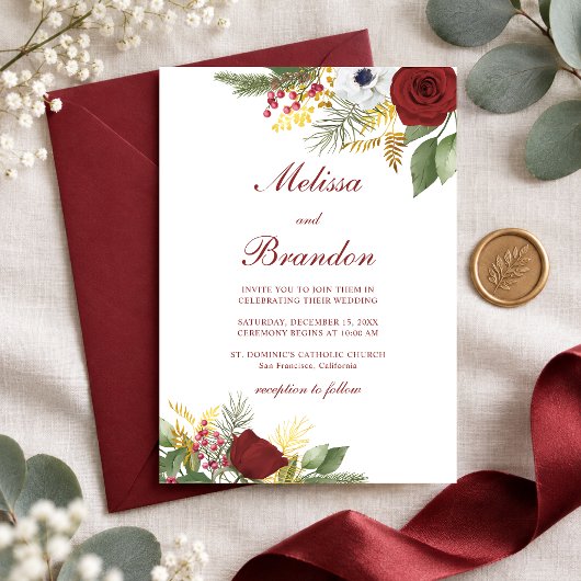 Elegante Rode Roos Wintergroen Scriptuur Bruiloft Kaart