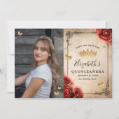 Elegante Rode Roos Zwart en Goud Foto Quinceanera Save The Date (Voorkant)