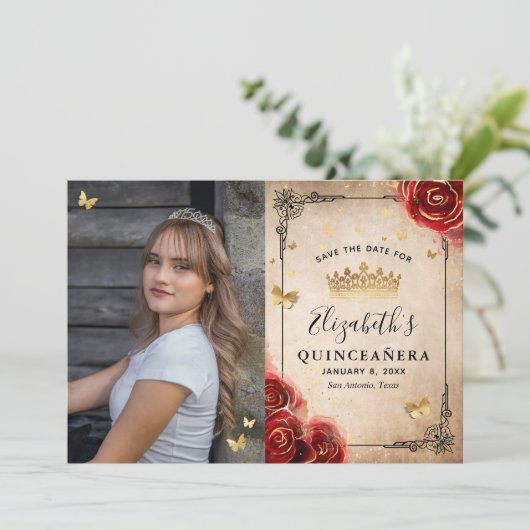 Elegante Rode Roos Zwart en Goud Foto Quinceanera Save The Date (Staand voorkant)