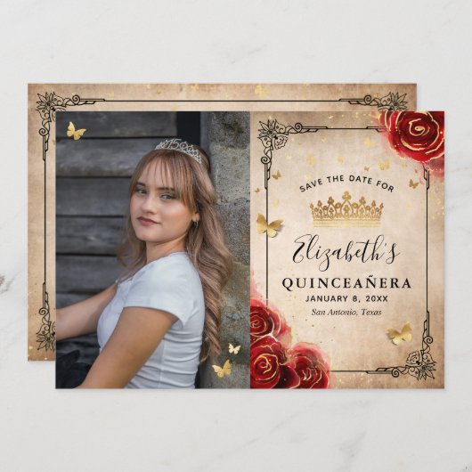 Elegante Rode Roos Zwart en Goud Foto Quinceanera Save The Date (Voorkant / Achterkant)