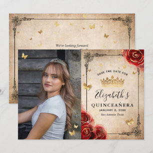Elegante Rode Roos Zwarte en Gouden Foto Quinceane Save The Date