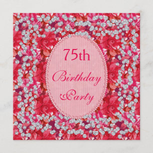 Elegante rode/roze bloemen & diamanten 75e verjaar kaart