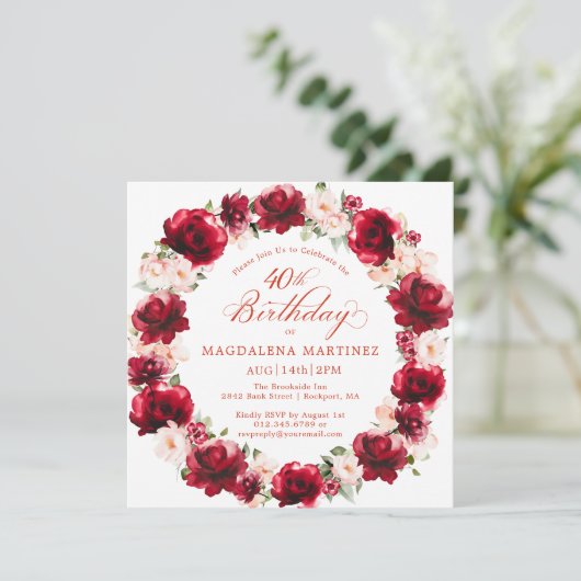 Elegante rode roze bloemenkrans 40e verjaardag kaart (Staand voorkant)