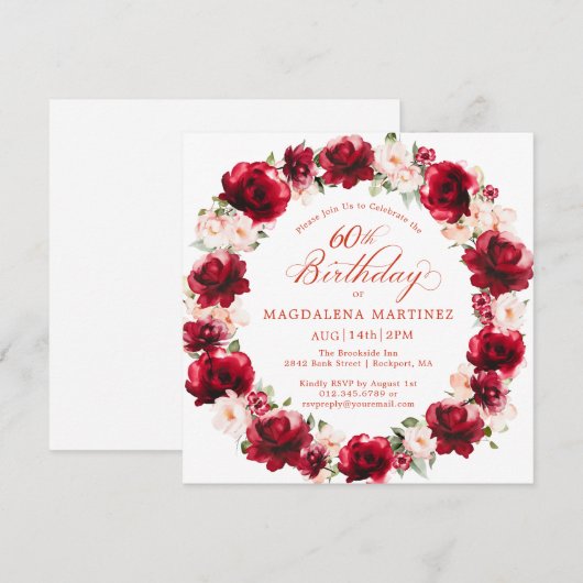 Elegante rode roze bloemenkrans 60e verjaardag kaart (Voorkant / Achterkant)