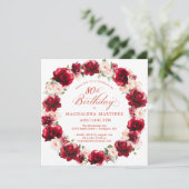 Elegante rode roze bloemenkrans 80e verjaardag kaart (Staand voorkant)